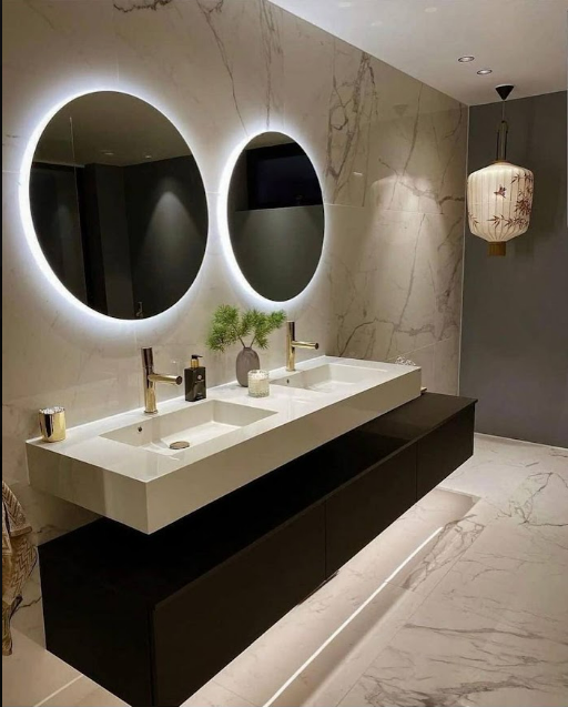 Modern Black Vanity with Backlit Mirrors